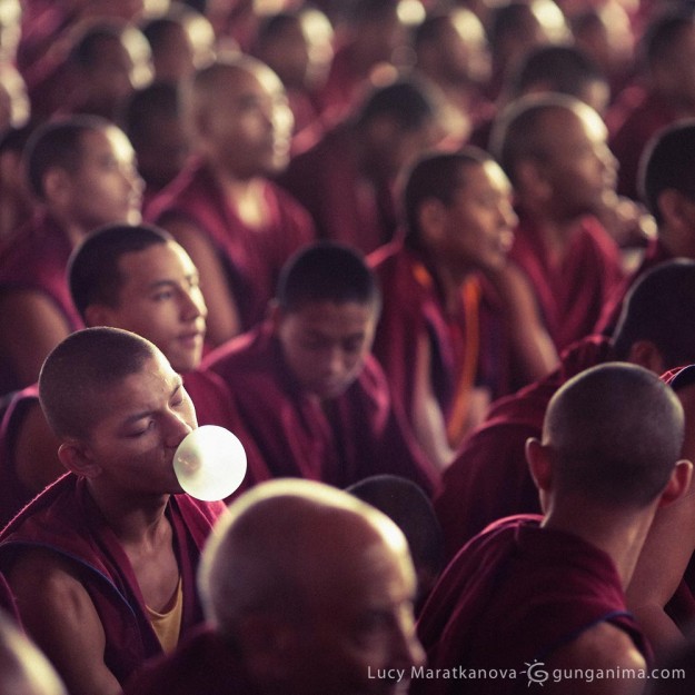 Монах с пузырем жвачки во время учений. Фото Люся Маратканова