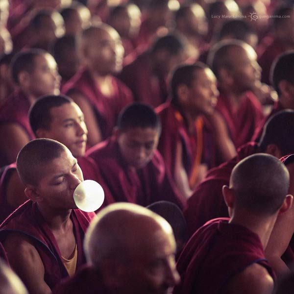 monk is chewing gum in dalai lama teachings in india