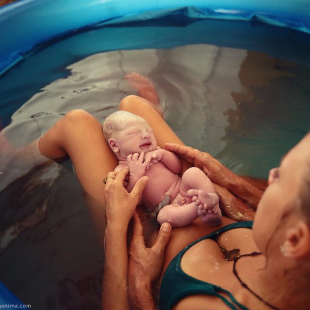 новорожденный малыш на руках родителей в бассейне после домашних родов в бразилии