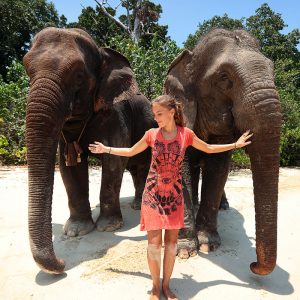 девушка и два слона на острове хэвелок в андаманских островах в индии